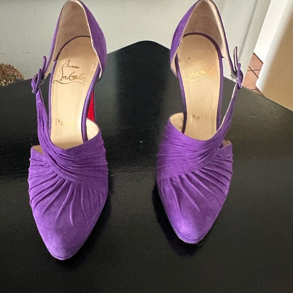 Christian Louboutin Purple Suede Peep-Toe Mary Jane High Heel Pumps - Picture 2 of 6